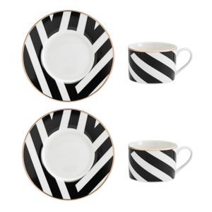 Mikasa Luxe Deco China Tea Cups and Saucers with Geometric Stripe, Set of 2, 200ml