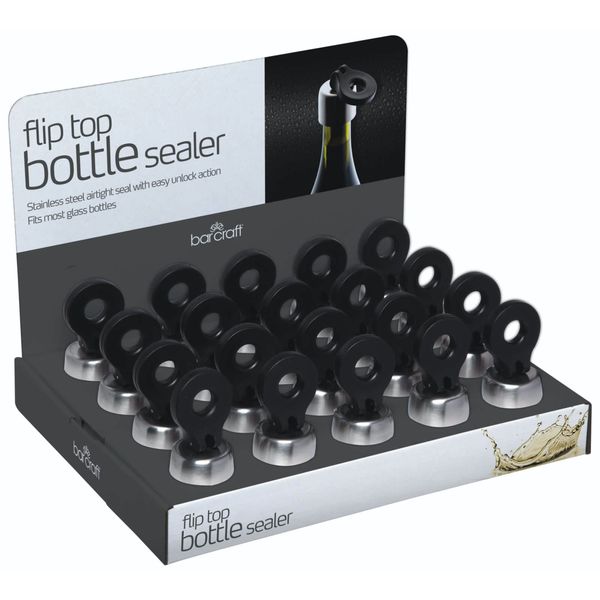 BarCraft Display of 20 Stainless Steel Flip Top Bottle Stoppers