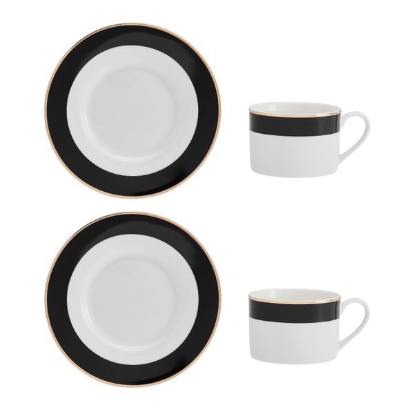 Mikasa Luxe Deco China Tea Cups and Saucers with Block Stripe, Set of 2, 200ml