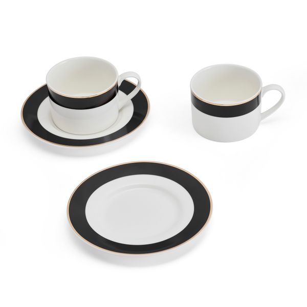 Mikasa Luxe Deco China Tea Cups and Saucers with Block Stripe, Set of 2, 200ml