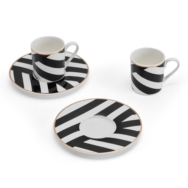 Mikasa Luxe Deco China Espresso Cups and Saucers with Geometric Stripe, Set of 2, 100ml