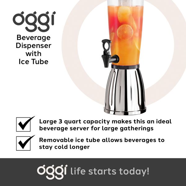 Oggi Beverage Dispenser with Ice Tube & EZ Pour Spigot 2.839 Litre