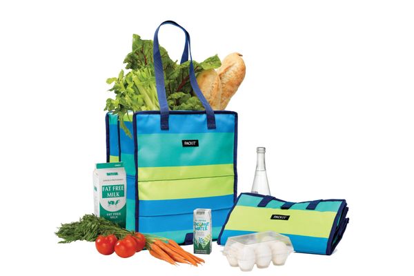 PackIt Freezable Grocery Tote Bag Fresh Stripes Blue